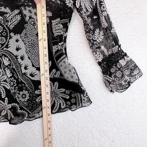 Y2K Silk Sheer Blouse Black White Graphic Boho Fairycore Top XL Flowy - Picture 4 of 8